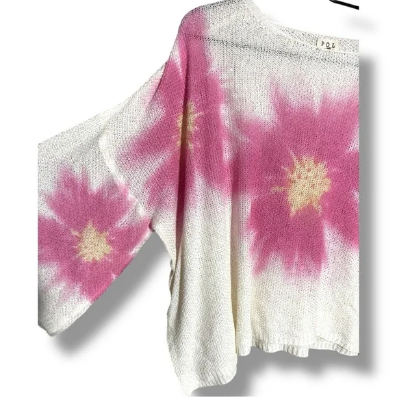 Pol Floral Pink and White Sheer Knit Women's Poncho Style 3/4 Sleeve Top - Picture 15 of 16